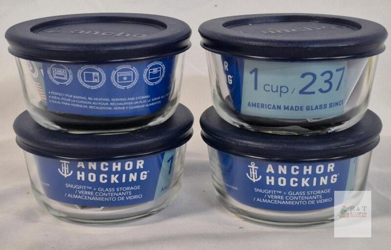NEW Anchor Hocking SnugFit Glass Storage Containers, 1 Cup, Set of 4, Made in USA, Model 85905