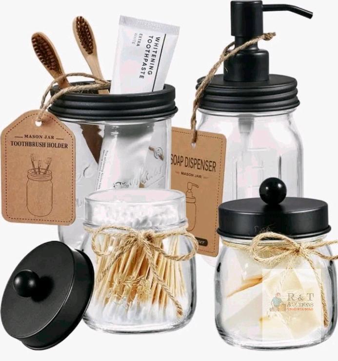NEW Amolliar Mason Jar Bathroom Accessories Set, 4-Piece, Black Lids, Labels Included