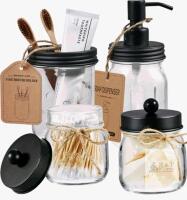 NEW Amolliar Mason Jar Bathroom Accessories Set, 4-Piece, Black Lids, Labels Included