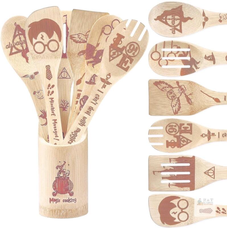 New 7pcs Harry Potter Magic Cooking Bamboo Kitchen Set, Laser-Etched Natural Bamboo, 12" Long With Holder