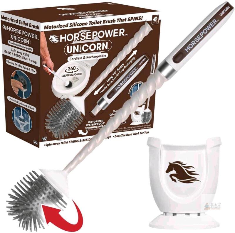 New Horsepower Unicorn, AS-SEEN-ON-TV, Motorized Toilet Brush, Powerful Spinning Action, 360 Degree Cleaning Power, Flexible Silicone Bristles, Eliminate Stains & Residue, No Scrubbing, Rechargeable