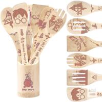 New 7pcs Harry Potter Magic Cooking Bamboo Kitchen Set, Laser-Etched Natural Bamboo, 12" Long With Holder