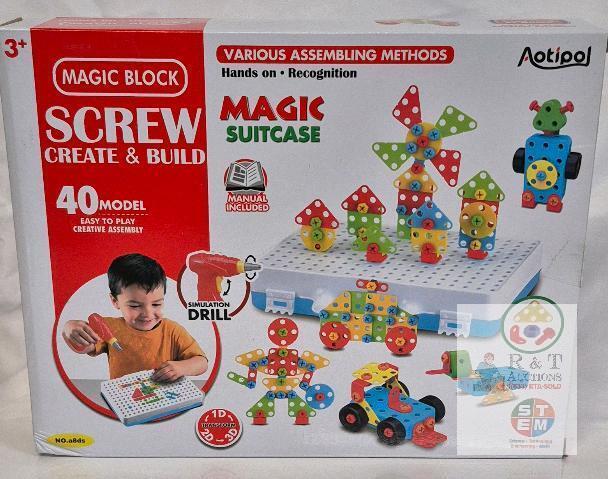 NEW Aotipol Magic Block Screw STEM Building Set, Simulation Drill, Suitcase, 140+ Pieces, Ages 3+