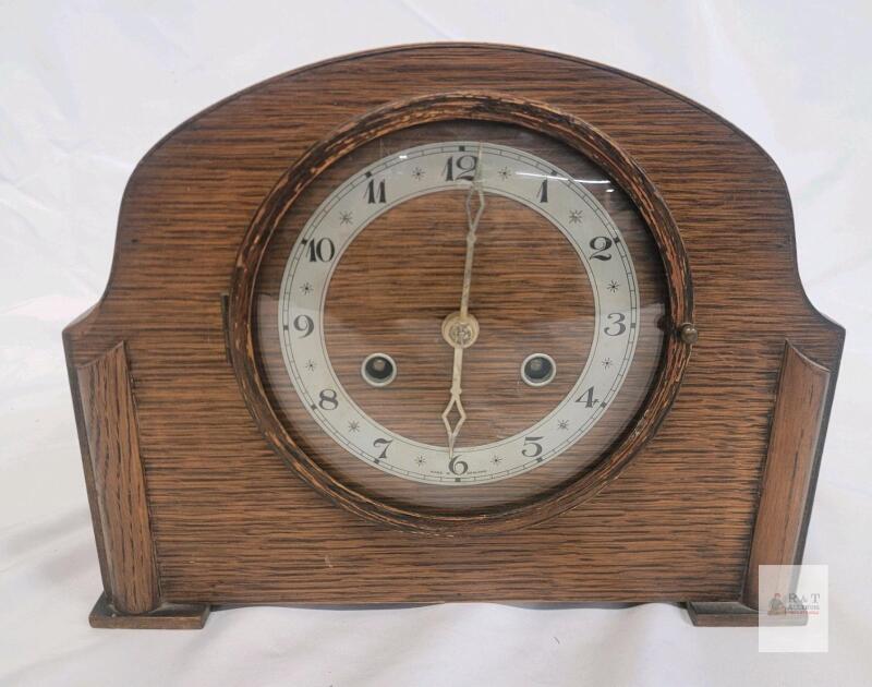 Vintage Made in Britain Mantle Clock w/Key . Chimes on the Hour and Half Hour , Not Over Wound . Pendulum Only Swings for 30 Sec. and Stops . Would benefit from Service