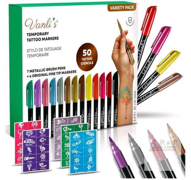NEW Vanli's Temporary Tattoo Markers Variety Pack, 13 Pens (7 Metallic), 50 Stencils, Skin Safe