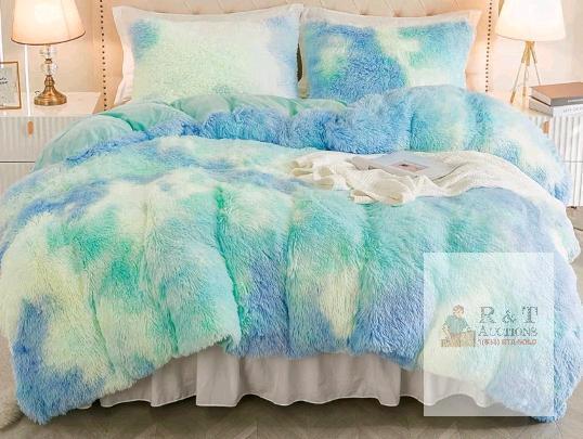 New EMME Luxury Blue Fuzzy Duvet Cover Set King Size 3 Pieces Fluffy Comforter Cover Set for King Bed Shaggy and Plush Soft Bedding Duvet Covers (Tie Dye Blue, King)