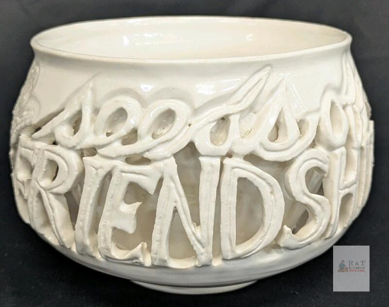Glossy White Art Pottery Bowl by "Pek" 7" Diameter, Relief "Always Bloom Seeds of Friendship" Motif