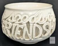 Glossy White Art Pottery Bowl by "Pek" 7" Diameter, Relief "Always Bloom Seeds of Friendship" Motif