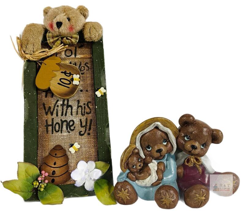 2 Bear-Inspired Home Decorations; 1 Sign and 1 Bear Family Bisque Ceramic Decoration