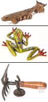 Vintage Folk Art Cand Carved Wooden Lizard 11.5" Long, Bejeweled Climbing Tree Frog Wall Art 7.5" Long & New Double Rake/Scrape Garden Tool With Wall Hook 6.6" Long