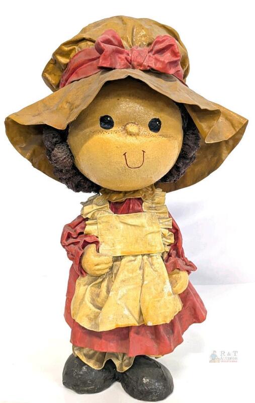 Vintage 13.5&rdquo; Paper Mache Girl Figurine with Bonnet, Heart-Shaped Base, Hand-Painted Decor