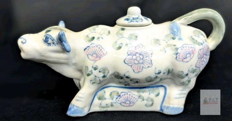 Hand-Painted Cow-Shaped Ceramic Creamer Jug, Made in China, 6" Length with Lid, Floral Design No large chips or cracks, some rough spots can be felt