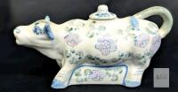 Hand-Painted Cow-Shaped Ceramic Creamer Jug, Made in China, 6" Length with Lid, Floral Design No large chips or cracks, some rough spots can be felt