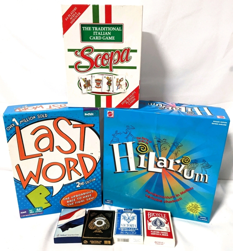 Hilarium, Last Word, Traditional Italian Game "Scoopa" & 4 Decks of Cards.