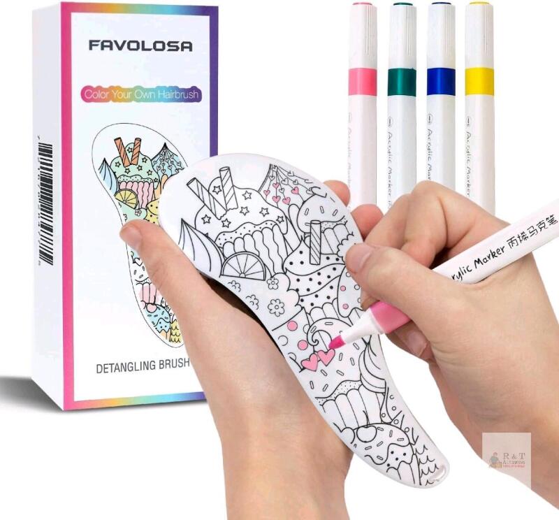 Mew Favolosa Color-Your-Own Detangling Hairbrush Kit With 4 Acrylic Markers, 7.5" Long