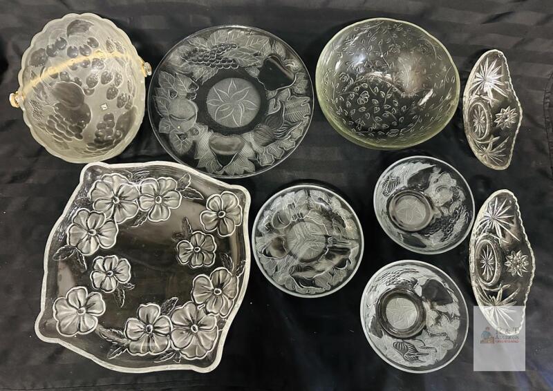 Laura Glass Japan Pressed Glass+ Serving Set Fruit Floral Designs, SS419, Vintage