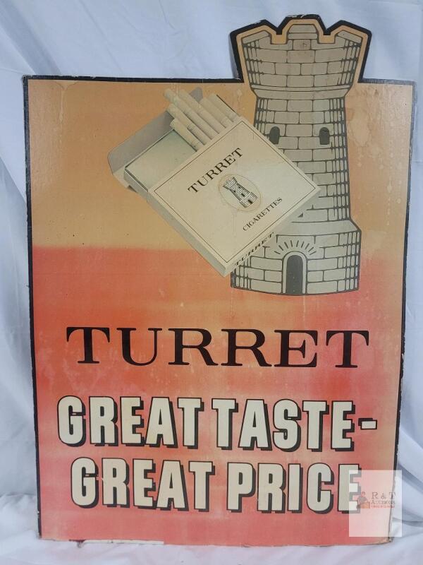 Turret Cigarettes Vintage Cardboard Advertising Display Sign 33"x25", Die-Cut Turret Top