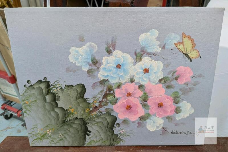 Floral Painting on Canvas by Edori Hardy, 12"x16", Signed, Butterfly & Flower Artwork