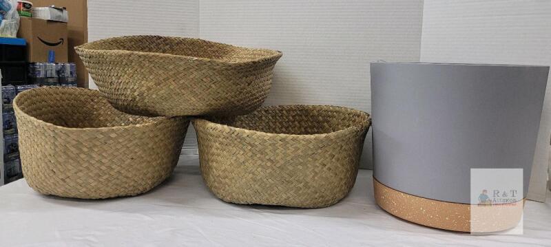 Seaforth Home Seagrass Baskets Set & Large Modern Grey Planter &ndash; Decorative Storage & Plant Containers