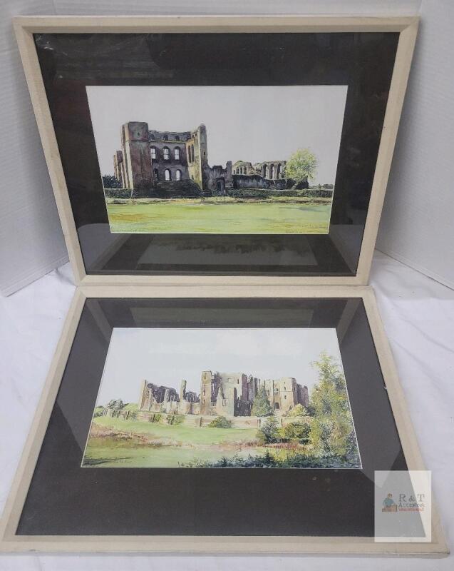 Pair Jane Powell Framed Art Prints Kenilworth Castle from the Brays & The Keep Signed Ltd Ed 20.5"&times;16.5"