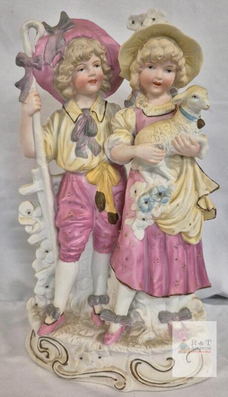 German Antique Conta & Boehme Bisque Figurine 8202 ~16" Tall, Pastoral Children with Lamb, Crown Mark Germany