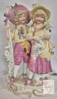 German Antique Conta & Boehme Bisque Figurine 8202 ~16" Tall, Pastoral Children with Lamb, Crown Mark Germany
