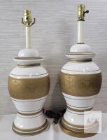 Home Decor White and Gold Ceramic Ginger Jar Style Table Lamps . Measures 23" tall . Some wear . Tested Working . One lamp comes with 1" base