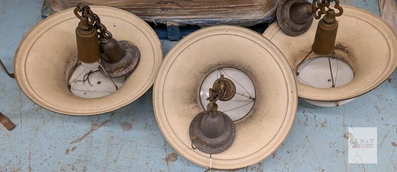 Set of 3 Vintage Industrial Ceiling Lights w/ Metal Shade & Milk Glass Diffuser, 16" Diameter
