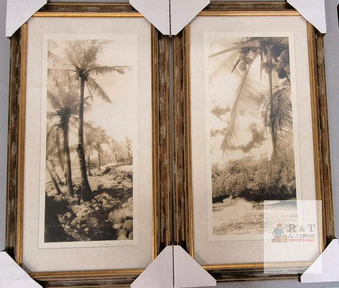 Thea Schrack Signed Sepia Photographic Prints &ndash; Pair, Framed, Tropical Palm & Coastal Landscapes 15X27