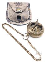 New Pocket Watch-Style Compass / Sundial Antique Finish Brass with Chain & Leather Belt Pouch. Compass measures 1 ⅞" diameter