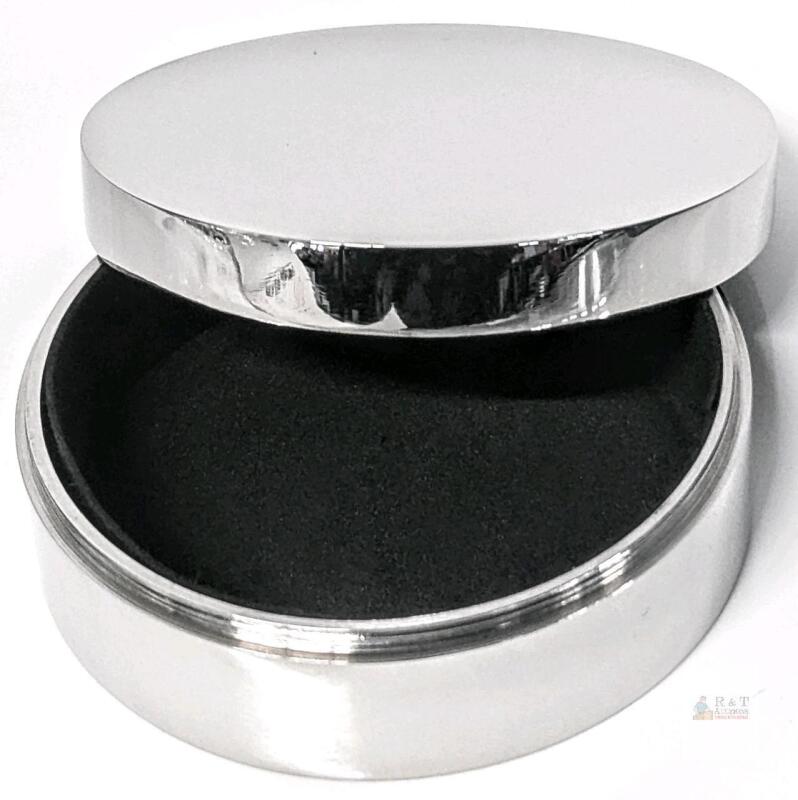 New Round Chrome-Plated Jewelry / Trinket / Rosary Box With Screw-On Lid, Mirror-Finish With Lined Interior, 3" Diameter &times; 1.25" Tall