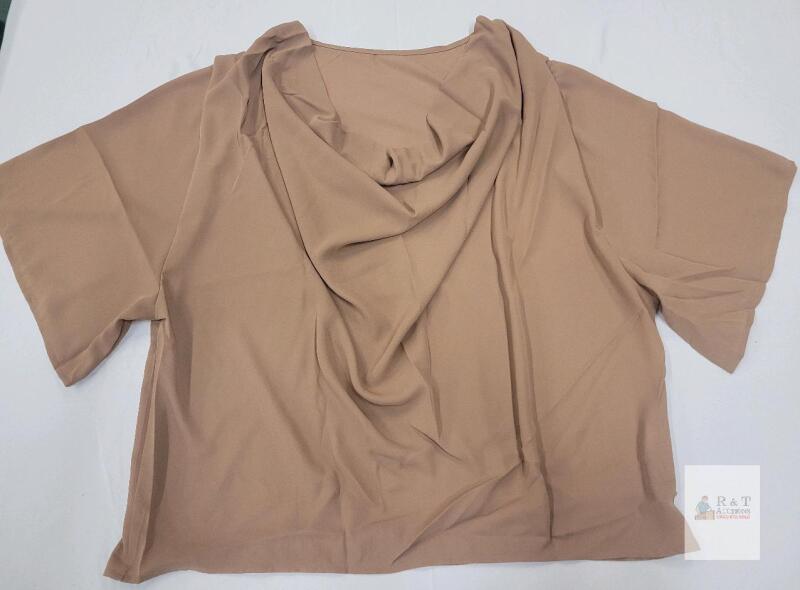 NEW XXL Beige Polyester Short Sleeve Blouse with Cowl Neck, Relaxed Fit