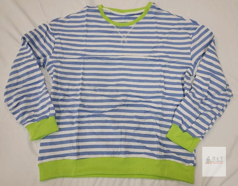 NEW ALLMLOERS Size M Striped Blue/White Crewneck Sweatshirt, Neon Green Trim, 100% Cotton,