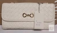 A New Day Woven Infinity Clutch, Off-white Faux Leather, Gold Hardware, Top Handle, With Tags