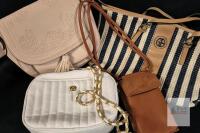 4 Women&rsquo;s Handbags: GB Striped Tote, Beige Floral Saddle, White Quilted Crossbody, Brown Phone Wallet