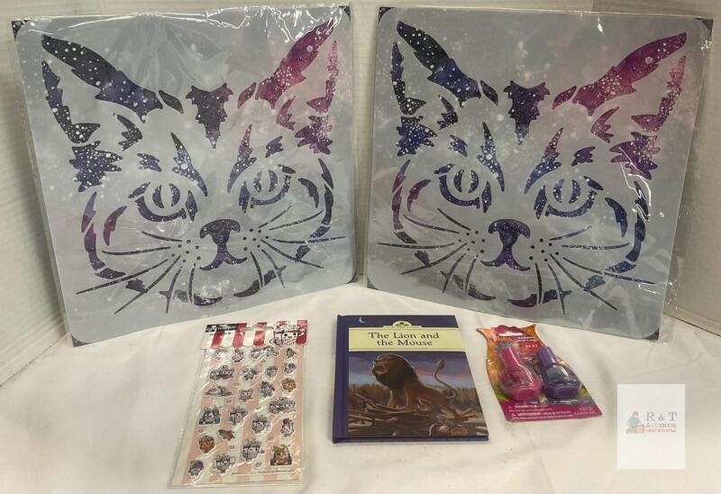 NEW Mixed Lot: Cat Stencils, Lion and Mouse Book, Tokidoki Stickers, Trolls Nail Polish