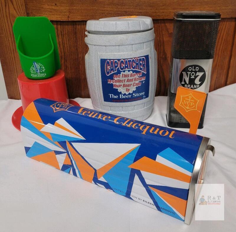 Barware collectibles Veuve Clicquot Limited Edition Mailbox, Jack Daniel&rsquo;s & Steam Whistle Cap Catchers Bar Promo Lot