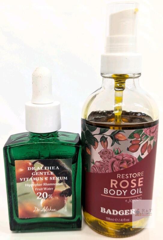 Badger Restore Rose Body Oil 4 oz + Dr. Althea Gentle Vitamin C Serum 1 oz, Organic, 20% Vitamin C, LOT 080525K Note: Online returns. Volumes may be lower than listed