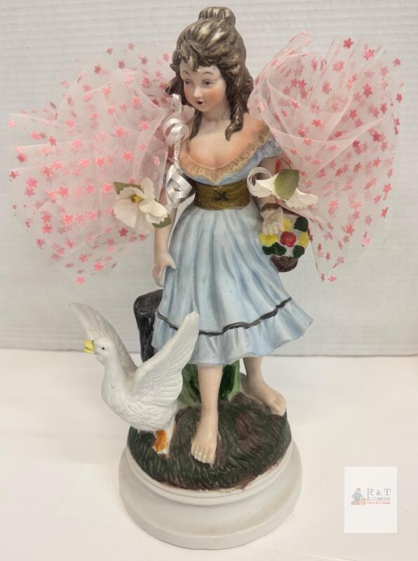 Porcelain Figurine Woman with Goose, Blue Dress, Tulle Wings, Tony Catering & Gift Label