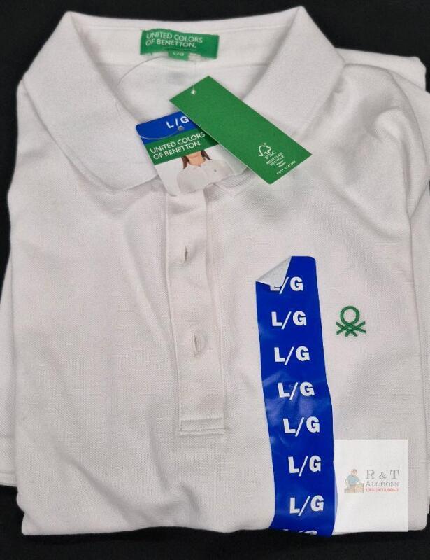 NEW United Colors of Benetton Classic White Polo Shirt, Size L, 100% Cotton, New with Tags