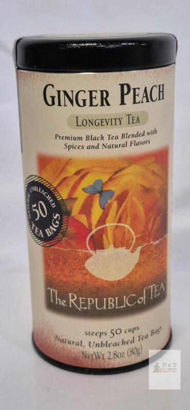 BB DEC 26 Republic of Tea Ginger Peach Longevity Black Tea, 50 Unbleached Bags, 2.8oz Tin, UPC 742676400028