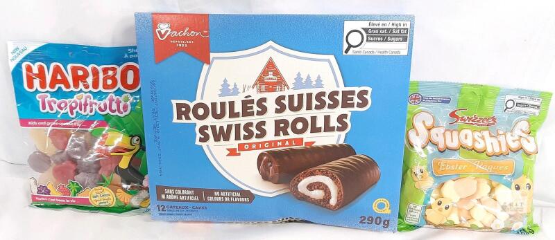 Vachon Swiss Rolls 290g, Haribo Tropifrutti 200g, Swizzels Squashies Easter 150g