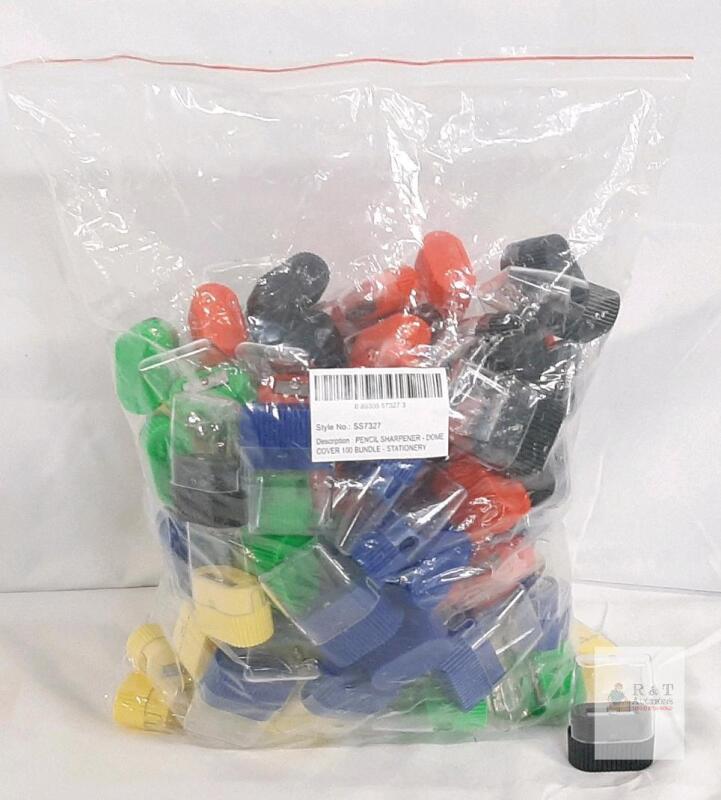 NEW Bulk 100 Dome Cover Pencil Sharpeners, SS7327, Assorted Colors, Manual, w/ Shavings Container