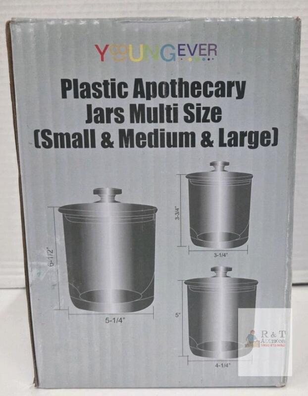 NEW Youngever Plastic Apothecary Jars Set - 3 Sizes (Large 6.5&rdquo;, Medium 5&rdquo;, Small 3.75&rdquo;) w/ Lids