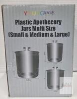 NEW Youngever Plastic Apothecary Jars Set - 3 Sizes (Large 6.5&rdquo;, Medium 5&rdquo;, Small 3.75&rdquo;) w/ Lids