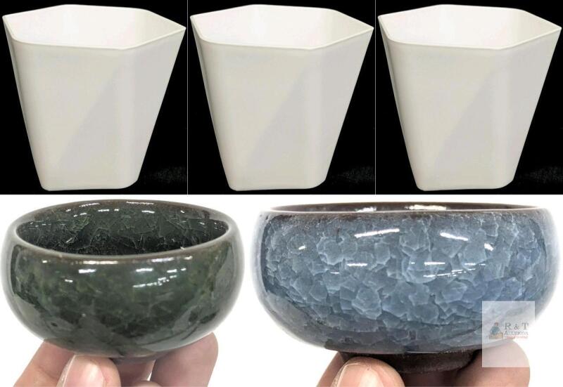 NEW Set of 3 Modern White Geometric Plastic Planter Pots & 2 Crackle Glazed Ceramic Bonsai Pots