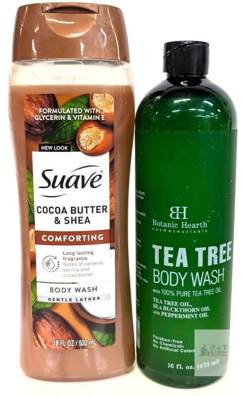 Suave Cocoa Butter & Shea 18oz & Botanic Hearth Tea Tree Body Wash 16oz, Key Oils, Batch Codes Note: Online returns. Volumes may be lower than listed. Tea tree lid cracked and broken