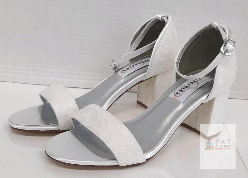 NEW White Satin Block Heel Sandals, Size 5M, Leather Sole, Ankle Strap Buckle