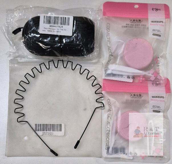 NEW Cosmetic Tool Lot: MoFa Makeup Sponges, Face Massager Ice Tray, Black Metal Headband, 4pc