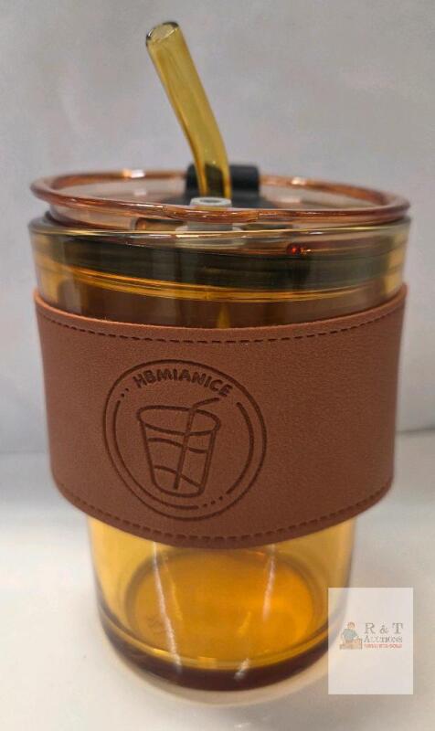 NEW HBMianice Insulated Amber Glass Tumbler w/ Lid, Straw, PU Sleeve, 16oz, Double-Wall, #124